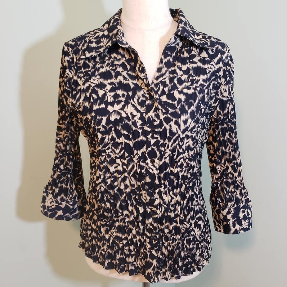 Black Tan V-Neck Button Front Long Sleeve Blouse